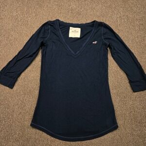 Y2K Hollister Shirt Womens Medium Navy Blue V-Neck Babydoll Bella Swancore